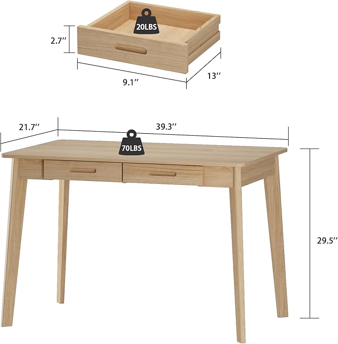 Home Office Computer Desk Coner Desk with 2 Drawers, Study Writing Table for Home Office, Study, Wood Color (39.3 ”W x 23.6”D x 29.1”H)