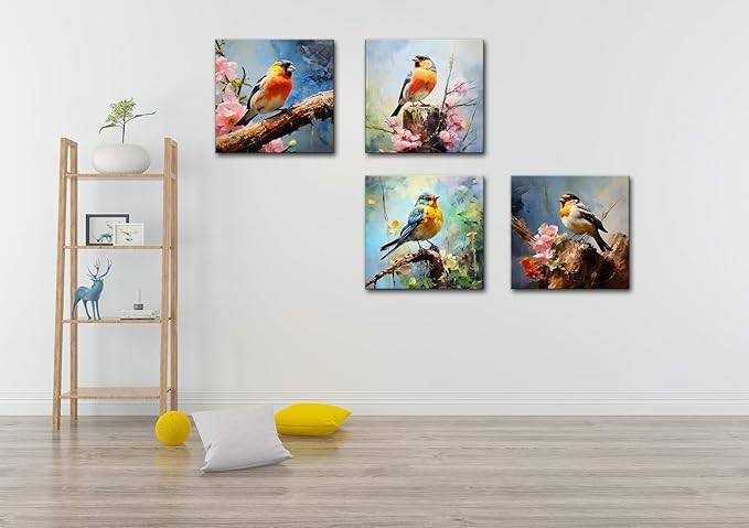 Canvas Wall Art Paintings of Colorful Birds Sitting on Tree Branch With Flowers for Bedroom Modern Wall Decor Picture Framed Artwork Prints Paintings for Bathroom Kitchen Decorations 12"x12"x4 Pieces