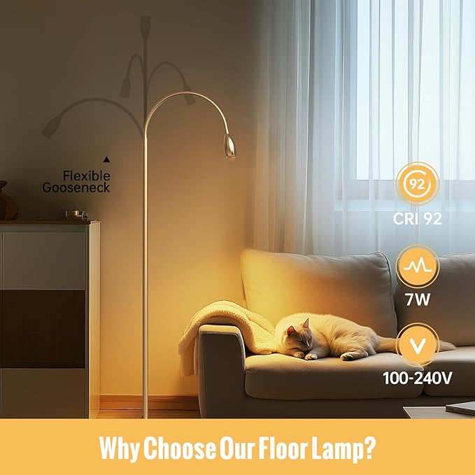 Reading Floor Lamp, 73" Standing Lamp with Dimmable Zoomable LED Spotlight, Adjustable Color Beam and Flexible Gooseneck, Remote & Pedal Control, for Reading Bedroom Crafting (Antique Brass)