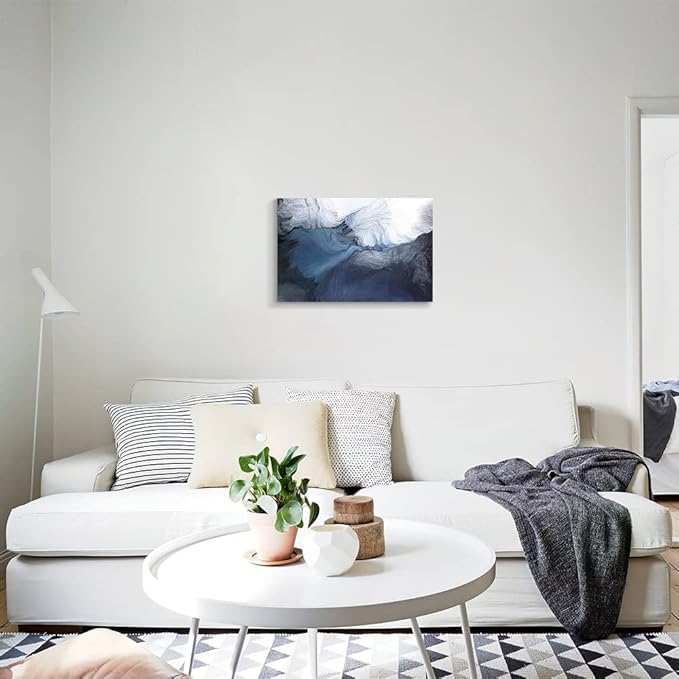 Canvas Wall Art Abstract Art Paintings Navy Blue Block and Line Graffiti is Like Running Water on White Background Modern Artwork Decor for Living Room Bedroom Kitchen 24x16in
