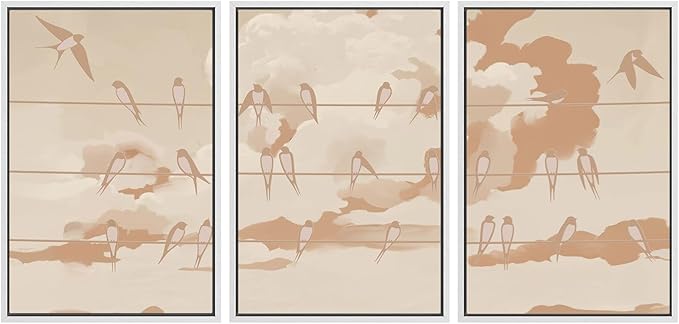 SIGNWIN Framed Canvas Print Wall Art Set Minimal Birds on Wires Neutral Sky Illustrations Modern Art Decorative Nordic Abstract for Living Room, Bedroom, Office - 16"x24"x3 White