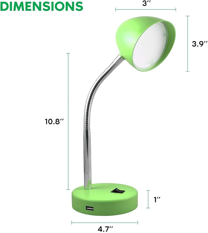 MaxLite LED Desk Lamp with USB Charging Port, Green Desk Lamp, Adjustable Neck, On/Off Switch, Modern Table Lamp for Reading, Work or School, Warm Gentle Light