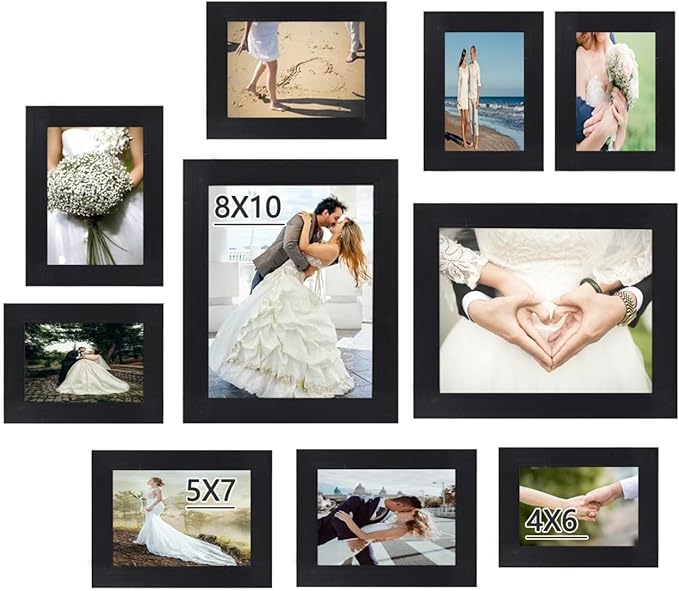 10 pack Picture Frame Set with Two 8x10,Four 5x7,Four 4x6, Rustic Collage Gallery Wall Frame, Farmhouse wood Photo Frames for living room Wall Gallery Decor or Desk,Black