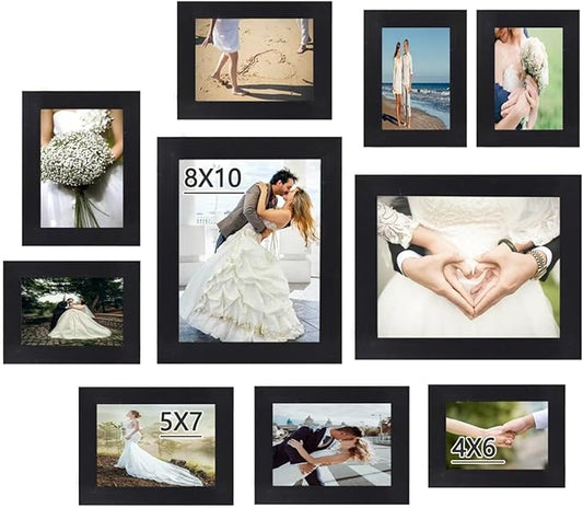 10 pack Picture Frame Set with Two 8x10,Four 5x7,Four 4x6, Rustic Collage Gallery Wall Frame, Farmhouse wood Photo Frames for living room Wall Gallery Decor or Desk,Black