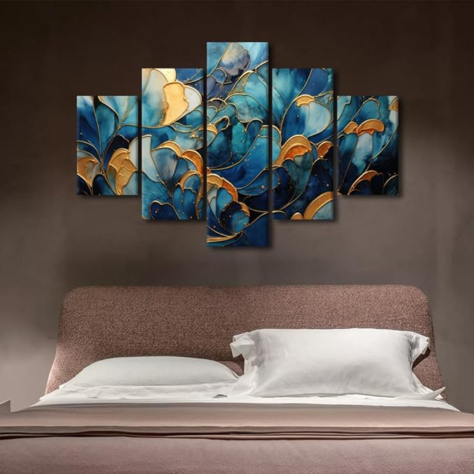 Canvas Wall Art Decor Modern Abstract Canvas Wall Art Abstract Flower Wall Art Blue and Gold Marble Poster Prints 5 Panel Canvas Art for Bedroom Decor Stretched and Framed Ready to Hang 60x40 in