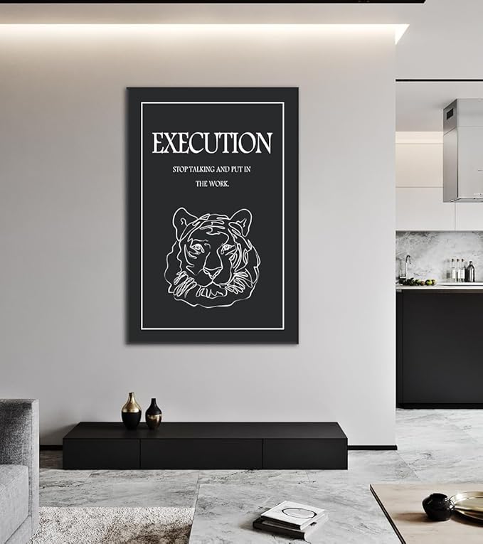 Motivational Wall Art - Black and White Tiger Head Canvas Print with Inspiring Quote, Inspirational Office Wall Decor STOP TALKING AND PUT IN THE WORK Execution Poster for Home Gym, Framed 28"x44"