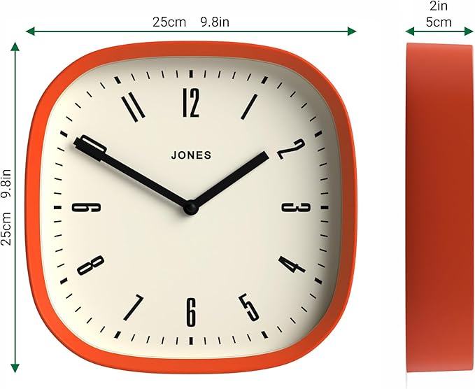 JONES CLOCKS® Marvel Wall Clock | Modern Retro Rounded Square Clock | 10 inch | Orange | Cool Designer Look for Kitchen, Living Room or Office