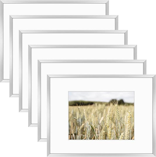 Golden State Art, Gallery Wall Frame Set of 6 - Silver 9x12 Aluminum Photo Frames with Mat for 6x8 Pictures - 9 x 12 inch Metal Frame with Real Glass Cover - Elegant Home or Office Decor