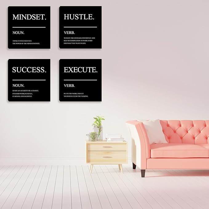 Framed Motivational Wall Art - Inspirational Hustle Wall Decor - Mindset Canvas for Living Room, Bedroom & Office - 20"x20"x4