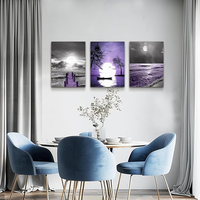 wall decorations for living room 3 Piece framed canvas wall art bathroom artwork for wall painting office bedroom wall decor Black and white ocean purple Landscape modern family Posters home decor
