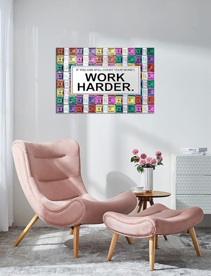 Work Harder Motivational Office Art Abstract Creative Money Background Wall Pictures Modern Home Office Decor HD Print for Guest Room Rest Room Decor, Framed 16" Wx12 H