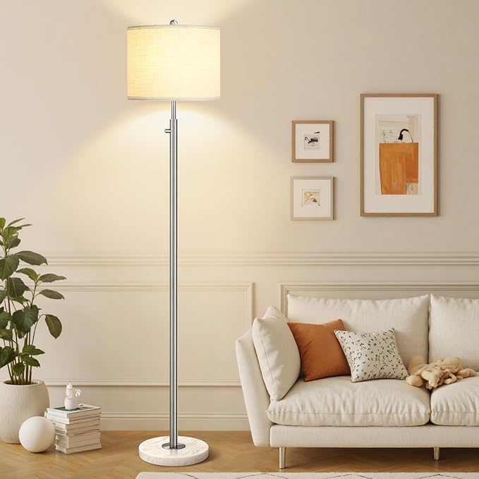 【Upgraded】 Dimmable Floor Lamp for Living Room, 11W LED Bulb Included, Modern Standing Lamp with Marble Base, Tall Pole Light with Linen Shade for Bedroom Reading Office Corner Nursery-Brushed Nickel