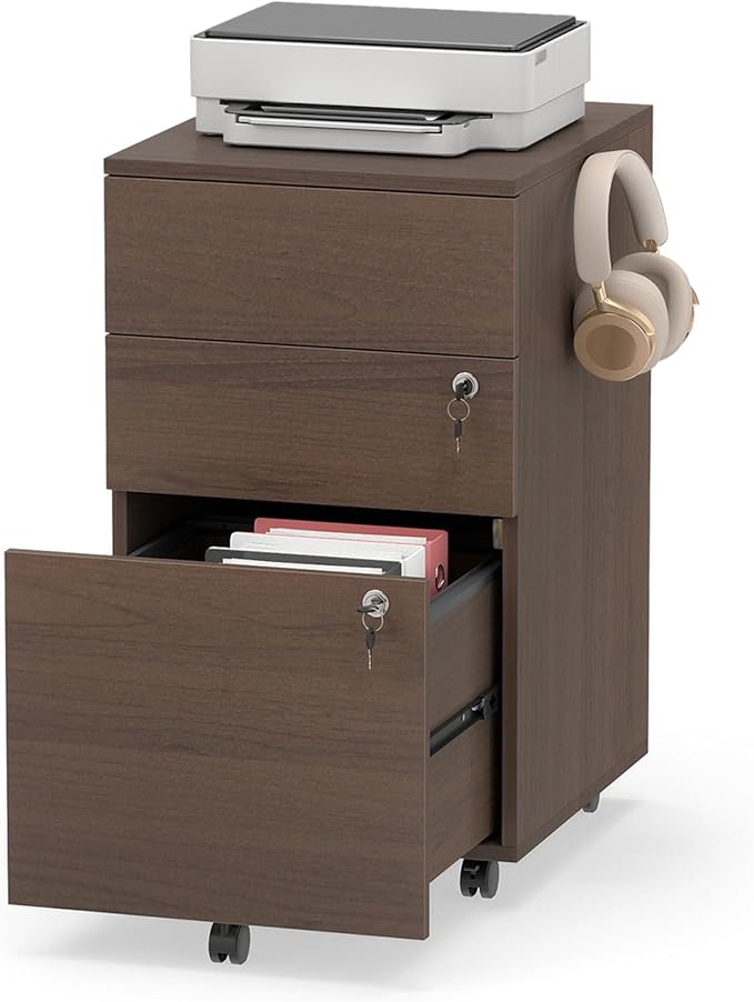 LOKO Mobile File Cabinet with 3 Drawers, Wooden Rolling Filing Cabinet with Lock, Under Desk File Organizer for A4/Letter/Legal Size, for Home Office, Study (Brown)