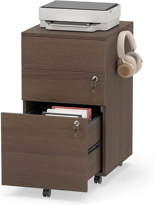 LOKO Mobile File Cabinet with 3 Drawers, Wooden Rolling Filing Cabinet with Lock, Under Desk File Organizer for A4/Letter/Legal Size, for Home Office, Study (Brown)