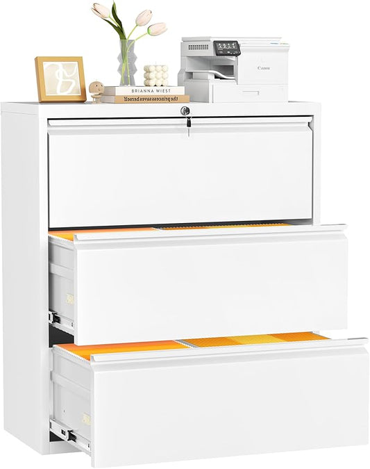 INTERGREAT 3 Drawer Lateral File Cabinet with Lock, 28" W Lateral Filing Cabinet for Legal/Letter A4 Size, Locking File Cabinets for Home Office, Assembly Require, White