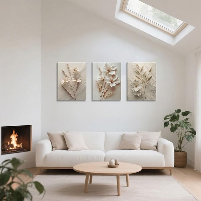 TUEASKY 3 Piece Canvas Wall Art Flower Wall Decor Beige Pictures Botanical Paintings Floral Prints Artwork for Living Room Bedroom