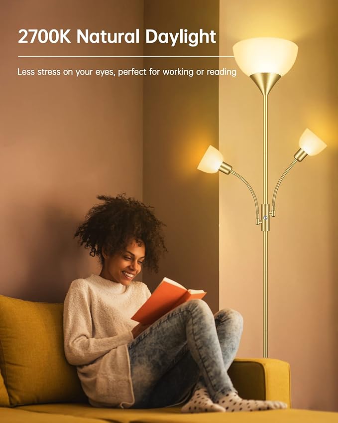 Floor Lamp, Torchiere Floor Lamps for Living Room, 71 Inch Tall Standing Lamp, Bedroom Lamps with Reading Light, Rotary Switch, 3 Plastic Lampshade, Torch Floor lamps for Bedroom (Gold, No Bulb)
