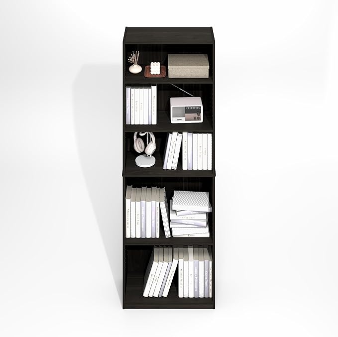 Furinno Jaya Simply Book Shelf, 5-Tier Bookshelf, Bookcase with Adjustable Shelves, 9.5 x 24.5 x 71.2, for Living Room, Bedroom, Home Office, Black Espresso