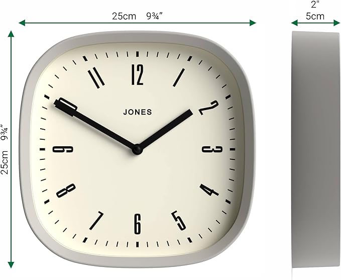 JONES CLOCKS® Marvel wall Clock | Modern Retro Rounded Square Clock | 10 inch | Gray | Cool Designer Look for Kitchen, Living Room or Office