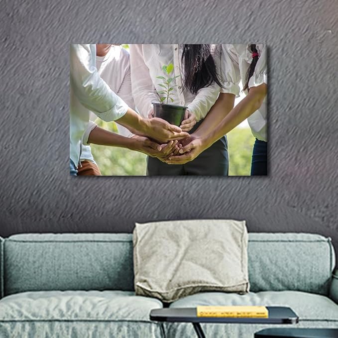 TUMOVO Wall Art For Office A Group Of People Holding Potted Plants In The Park Teamwork Concept Pictures 1 Panel Inspirational Wall Art Positive Modern Decor Poster Canvas Print (16" Wx24 H)