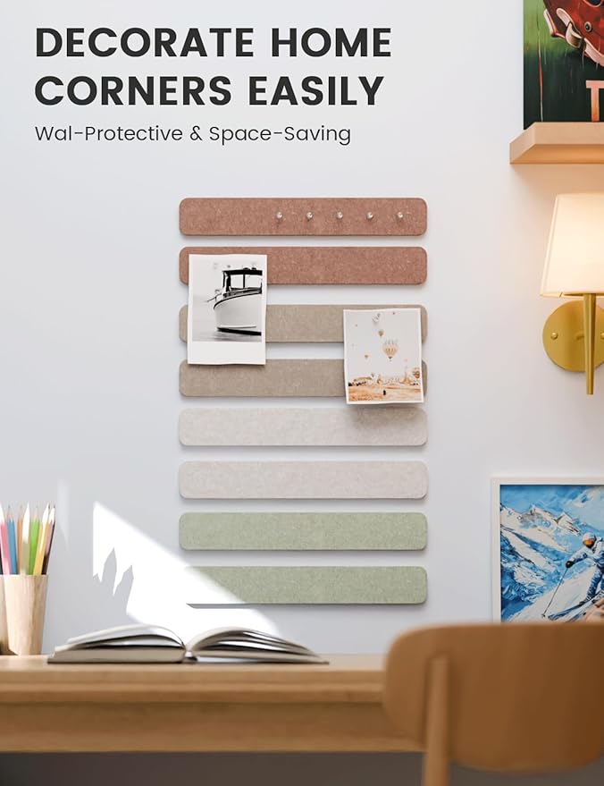 Fluxynara Cork Board Alternative Felt Strip Board 8-Pack 13"x2", Office Pin Board with 50 Push Pins, Adhesive Install for Bedroom Door & Home Office(Boho)