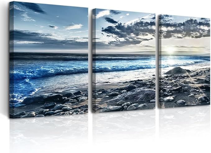 DZRWUBHS Canvas Wall Art - Modern Decor for Living Room, Office & Bedroom - 3 Piece Blue Beach Seascape Wall Prints