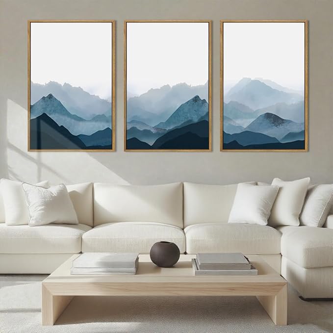 BINCUE Framed Blue Mountain Wall Decor Fog Blue Ridge Mountains Wall Art 16x24 Inches Minimalist Landscape Paintings Framed Mountains Wall Art Decor Simple Landscape Artwork for Living Room Bedroom Office Set of 3