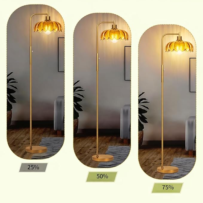 Glass Floor Lamp for Living Room, Dimmer Standing Lamp with Green Ribbed Lampshade,66” Tall Lamp & Gold Floor Lamp for Bedroom Study Room,Brushed Gold (Flower Amber Glass Shade)