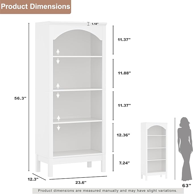 56" H Tall Bookshelf and Bookcase, Arched Book Shelf with 4-Tier Open Shelves, Wooden Storage Bookcase Freestanding Display Bookshelves for Bedroom, Living Room, White