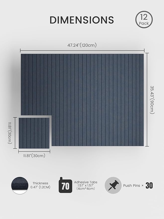 Bumusty Large Cork Board Alternative-48 x 36" Felt Bulletin Board Tiles, with 30 Pushpins, 70 Adhesive Tabs, 12-Pack Slat Wall Paneling, Cork Boards for Office Push Pin Board-Deep Charcoal Blue