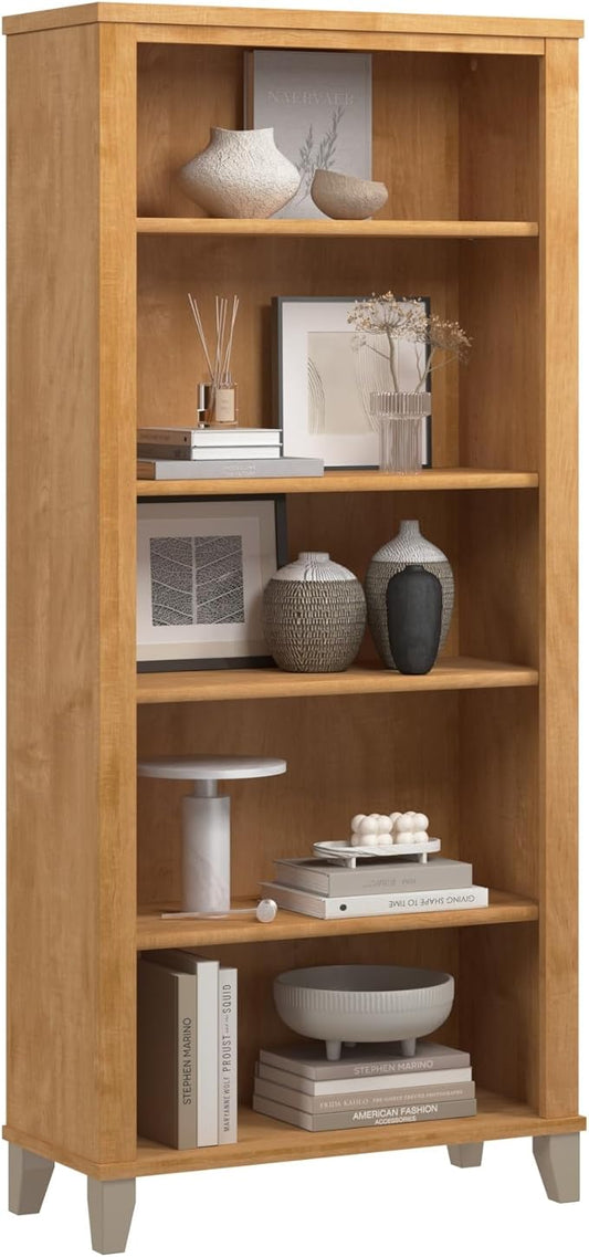 Bush Home Somerset 5 Shelf Bookcase in Maple Cross, Tall Bookshelf, Large Book Shelf for Living Room, Home Office, or Entryway