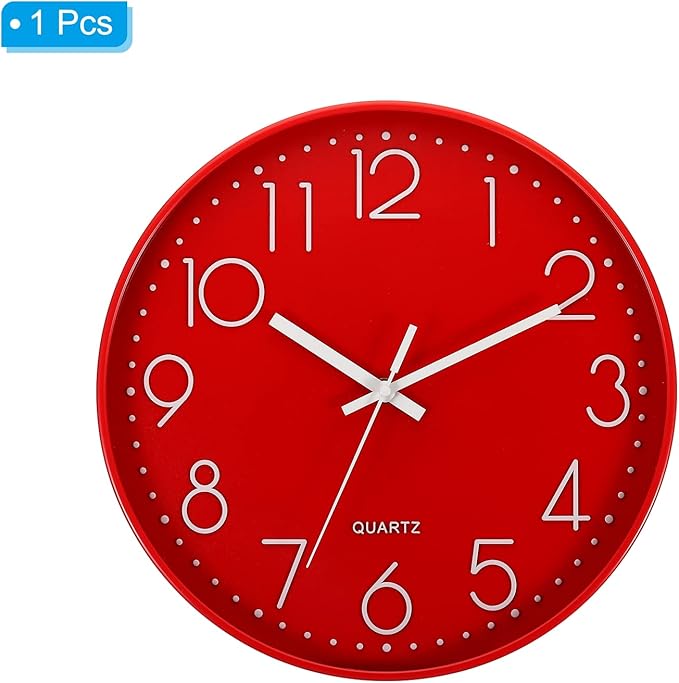 PATIKIL 12 Inch Wall Clock, Battery Operated Silent Non-Ticking Round Wall Clocks for Office Bedroom Decorative, Red