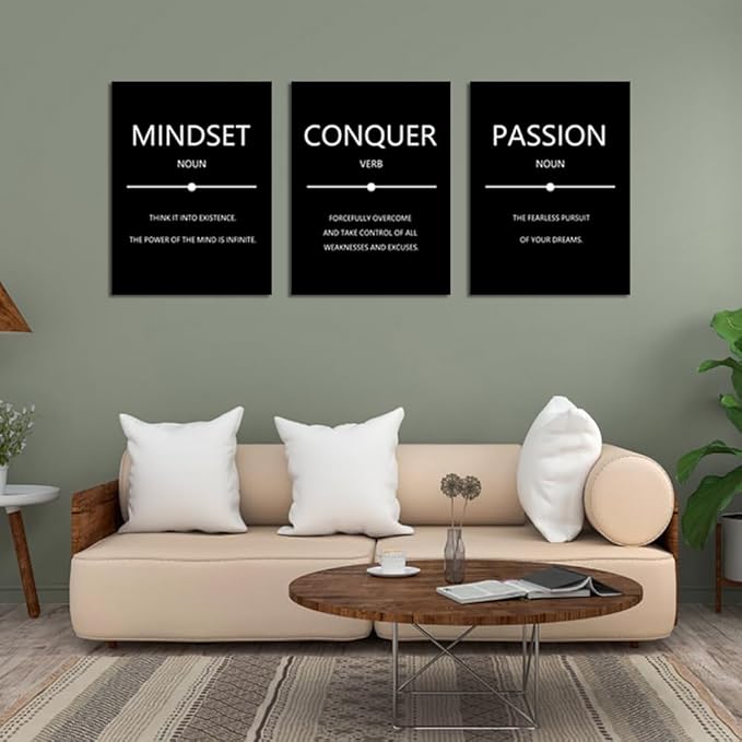Unbruvo Motivational Wall Decor for Office, 3 Pieces Inspirational Canvas Wall Art, Mindset Passion Conquer Canvas Poster, Positive Quotes for Entrepreneur Meeting Room Lobby Bedroom(72''Wx 36''H)