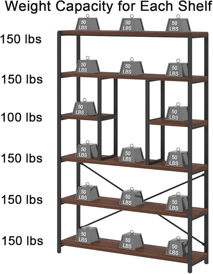 LVB 6 Tier Tall Bookshelf, Wood Metal Bookcases and Book Shelves 6 Shelf, Industrial Large Wide Etagere Book Shelf for Living Room, Vintage Rustic Big Open Bookcase Storage for Bedroom Office, Walnut