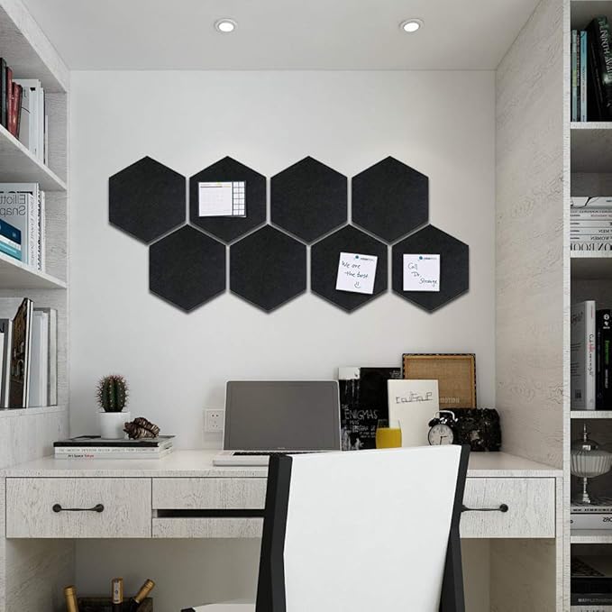 Felt Hexagon Bulletin Board with 20 Push Pins, Pack of 8 Notice Boards for Home Office Kitchen, Push Pin Board Felt Wall Tiles for Photos Memos