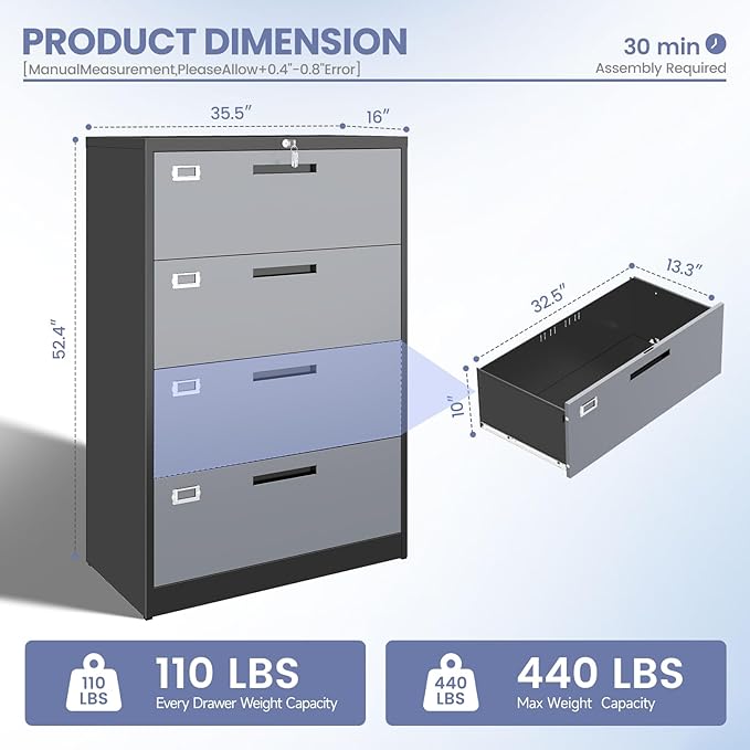 4 Drawer File Cabinet, Locking Lateral Filing Cabinet for Home Office, File Cabinets with Business Card Holder for Letter/Legal/F4/A4 Hanging Files