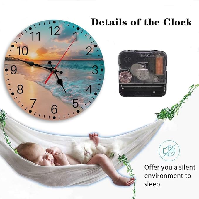 Britimes Round Wall Clock Non-Ticking Silent Battery Operated Clock 10 Inch, Sea Beach Blue Sky Sand Home Decor for Living Room, Kitchen, Bedroom, and Office