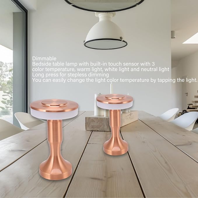 3W LED Table Lamp, 3 Color Temperatures Dimmable Rechargeable Cordless Desk Lamp, Portable Bedside Lamp with Touch Sensor for Dining Room (Copper), Locadence7ty1eqdfx0-13