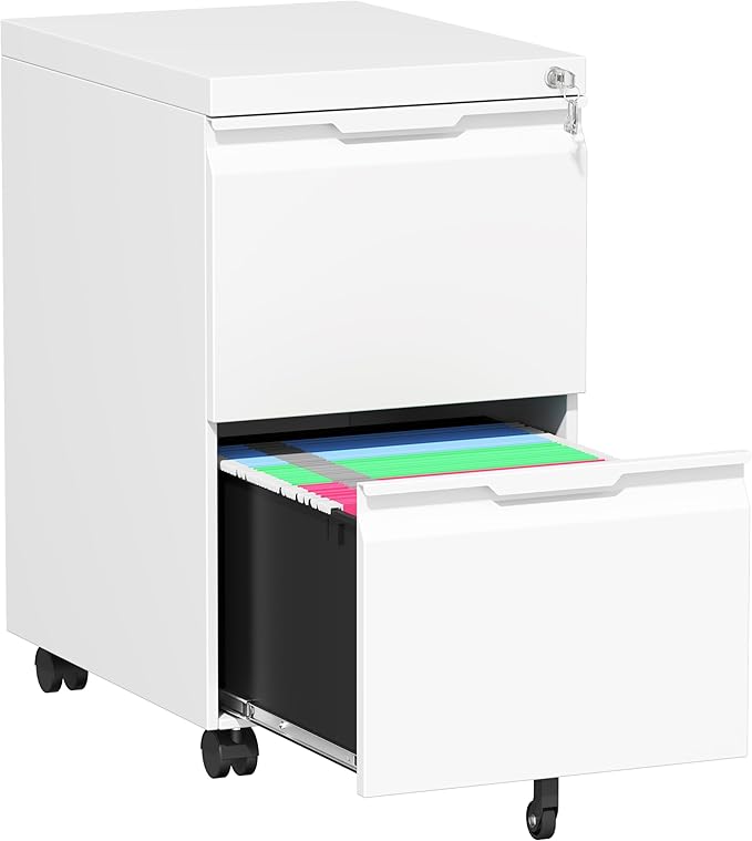 2 Drawer File Cabinet with Lock,Small Filing Cabinet for Home Office,Rolling Metal File Cabinets with Wheels for Letters/Legal/A4 Size, Assembly Required,White