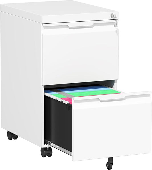 2 Drawer File Cabinet with Lock,Small Filing Cabinet for Home Office,Rolling Metal File Cabinets with Wheels for Letters/Legal/A4 Size, Assembly Required,White