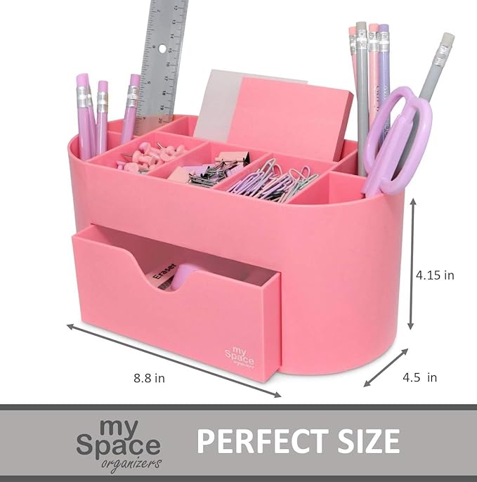 My Space Organizers Pink Desk Organizer for Office Supplies and Desk Accessories - Pen Holder Desktop Organization for Room College Dorm Home School (Pink)