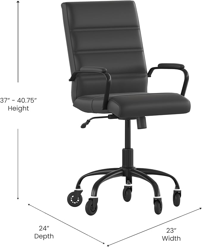 Flash Furniture Camilia Mid-Back Black LeatherSoft Executive Swivel Office Chair with Black Frame, Arms, and Transparent Roller Wheels