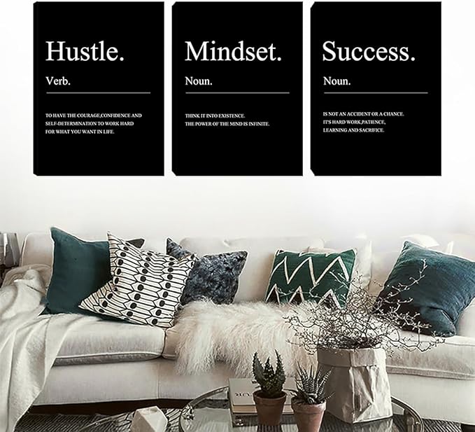 Unbruvo 3 Pieces Motivational Wall Decor-Inspirational Hustle Canvas Wall Art, Positive Affirmation Wall Decor for Living Room Bedroom Classroom Office(60" Wx28 H)