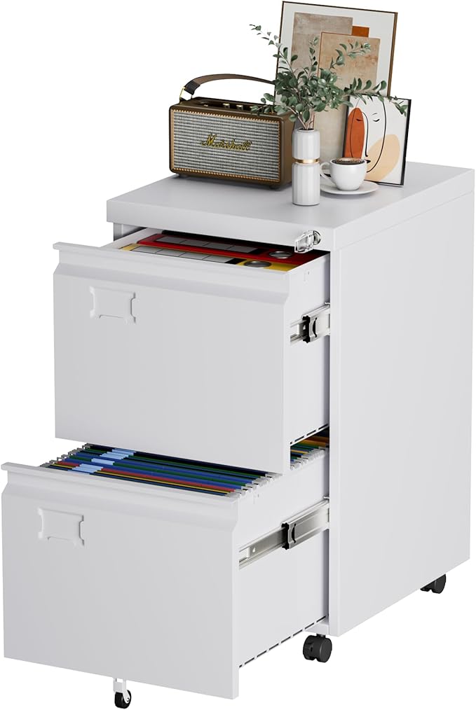 File Cabinet 2 Drawer, Locking Filing Cabinet with Business Card Slot for Letter/Legal/F4/A4 Size Folders,Required Assembly,14.57" W x 17.36" D x 25.79" H,White