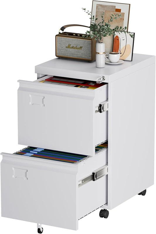 File Cabinet 2 Drawer, Locking Filing Cabinet with Business Card Slot for Letter/Legal/F4/A4 Size Folders,Required Assembly,14.57" W x 17.36" D x 25.79" H,White
