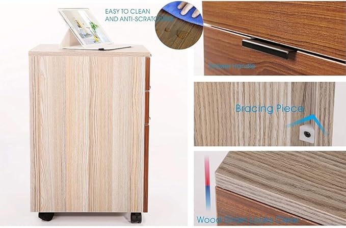 JJS 3 Drawer Rolling Wood File Cabinet with Locking Wheels, Home Office Portable Vertical Mobile Wooden Storage Filing Cabinet for Letter Size，Brown Drawer