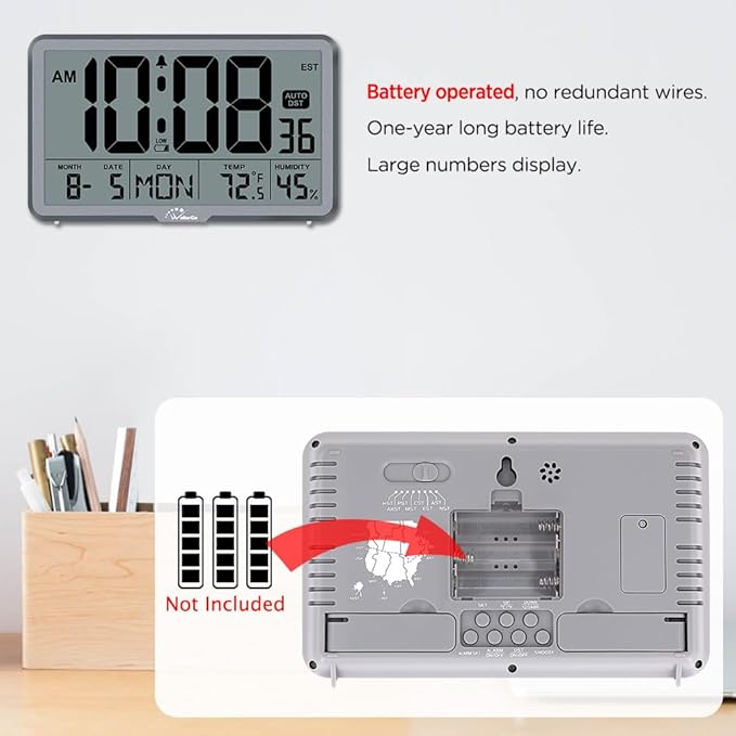 WallarGe Auto Set Digital Wall Clock Battery Operated, Desk Clocks with Temperature, Humidity and Date, Large Display Digital Calendar Alarm Clock for Elderly, Bedroom, Office, 8 Time Zone, Auto DST.