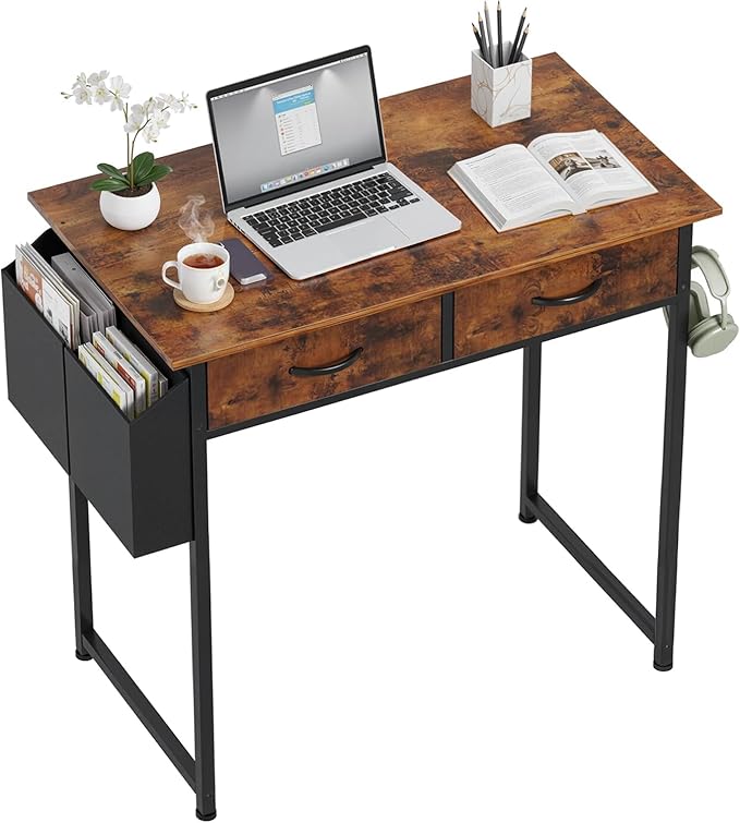 OLIXIS 32Inch Small Desk with Fabric Drawers for Home Office, Gaming Computer Desk with Side Bag, Headphone Hook Writing Study Work Table for Bedroom Small Sapce, Chic Brown