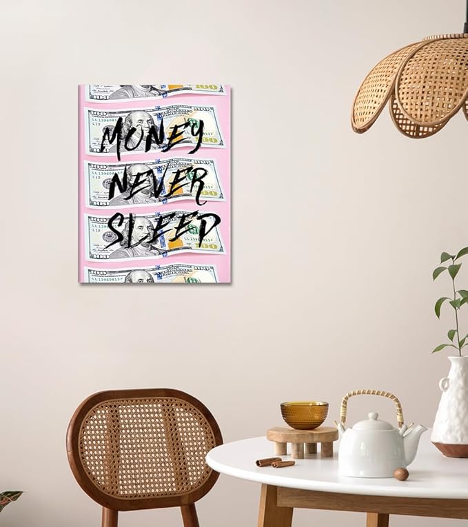 Pink Inspirational Wall Art for Office - 100 Dollar Bill Canvas Pating Money Never Sleep Quote Wall Decor Motivational Poster for Living Room Bedroom Home Decoration, Framed 18"x24"