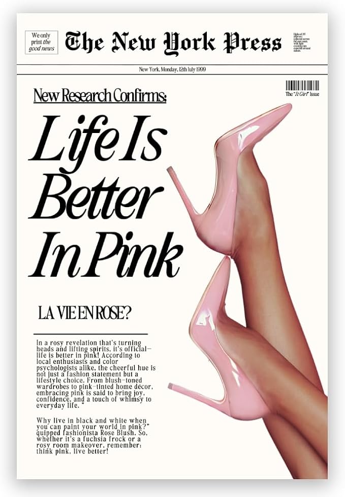 Balsuka Trendy Baby Pink Hot Girl Poster Life Is Better In Pink Newspaper Wall Art Retro High Heel Picture 70s News Headline Canvas Prints Aesthetic Decor for Girly Bedroom Dorm 24x36inch Unframed
